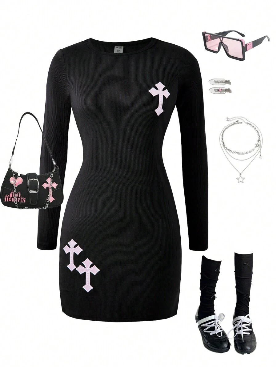 SHEIN Tween Girl Patch Cross Punk Gothic Style Long Sleeve Knit Dress