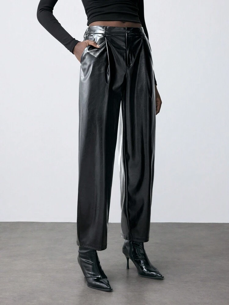 SHEIN Maija Women's Shiny PU Leather High Waisted Elastic Waist Black Pants, For Autumn/Winter