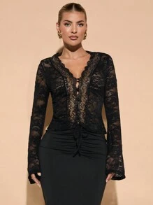 SHEIN BAE Women's Solid Black Long Sleeve Top, Sexy Deep V-Neck, Lace Flared Sleeves, Sheer, Elegant, Romantic, Suitable For Layering, Dates, Parties - Black - View 3