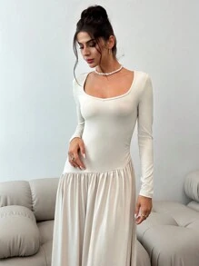 SHEIN Privé Elegant Minimalist Solid Color Stand Collar Asymmetrical A-Line Cinched Waist Long Sleeve Dress, Autumn Winter