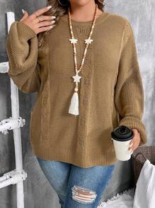 EMERY ROSE Suéter de mujer talla grande grande de color amarillo marrón con patrón de punto de cable holgado y suelto, ropa de mujer occidental, ropa de invierno - Marrón - Ver 5