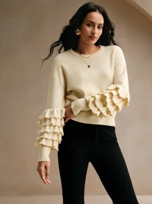 Anewsta 女士新款优雅花卉装饰毛衣，长袖圆领设计