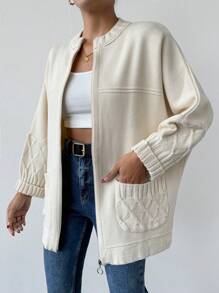 EURMUSE Áo thun nữ tay dài trơn có khóa kéo túi trước thường ngày - Màu be - Xem 2