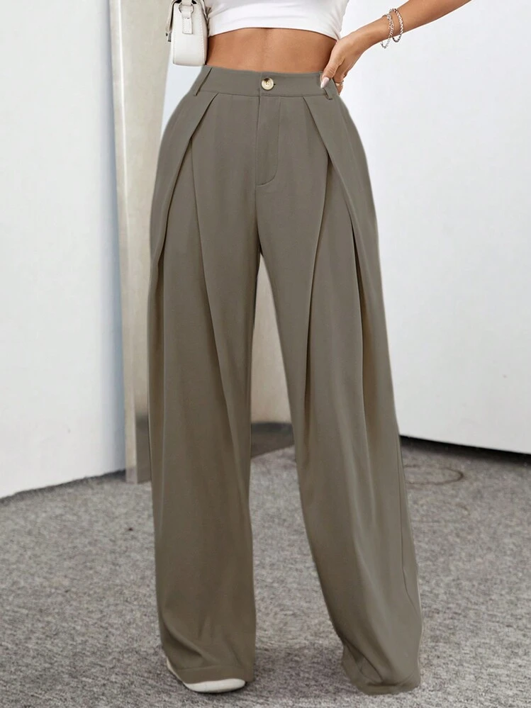 Flirla Completo da donna con pantaloni larghi a vita alta plissettati con tasche, di colore unito - Cachi - Visualizzare 4