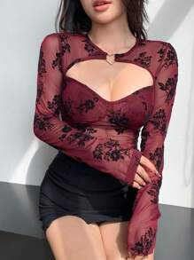 DAZY 情人节红色花卉全印花网眼袖女式 T 恤透明长袖女式上衣，秋季女装 - 酒紅色 - 查看 7