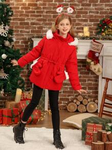 Tween Girl Extra Warm Padded Mid-Length Padded Coat With Fluffy Hooded Trim & Detachable Insulated Mittens, Fashionable & Cute For Winter, For Christmas - Red - View 3