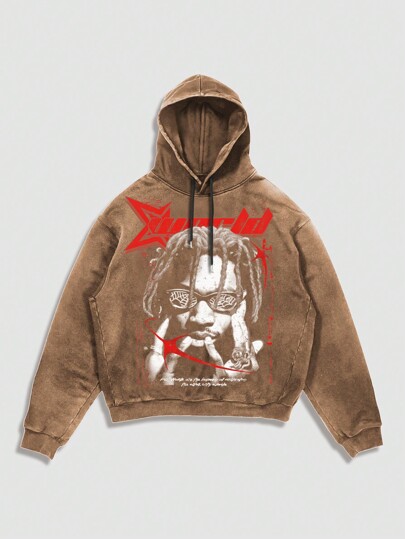 Street Life Men's Hip Hop Character Hooded Acid-Washed Sweatshirt
