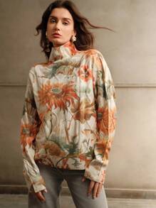 Anewsta Women's High Neck Flower Pattern Sweater, Knit Pullover Fall Winter - Beige - View 4