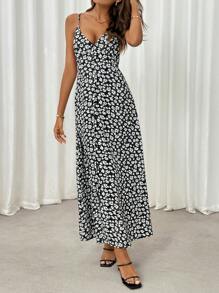 SHEIN LUNE Women Daisy Floral Print Spaghetti Strap Button-Front Long Dress For Casual/Vacation, Autumn