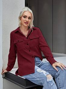 SHEIN LUNE 女式纯色长袖实用口袋休闲衬衫，春季/秋季 - 酒紅色 - 查看 5