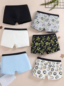 6pcs/Pack Teen Boys' Minimalist Retro Smiling Face Printed Soft Cotton Boxer Briefs