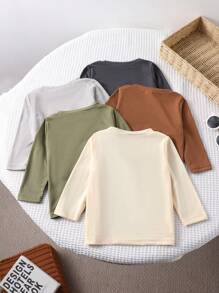 SHEIN Vintaside Kids 5 件套男婴纯色圆领长袖 T 恤，适合休闲、日常穿着和派对、所有季节、秋季上衣 - 彩色 - 查看 2