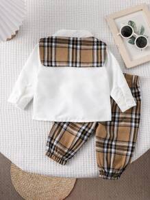 2pcs Baby Boy Solid Color Lapel Collar Long Sleeve Cardigan Shirt And Plaid Tapered Leg Pants Preppy Outfit