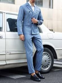 Manfinity Mode 2pcs Business Men Striped Lapel Collar Long Sleeve Blazer Jacket & Pants Set, Spring Autumn - Dusty Blue - View 7