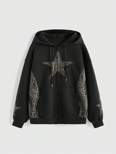 Grunge Punk Oversized Leopard Print & Star Embroidered Hooded Zip-Up Sweatshirt For Women