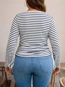 SHEIN LUNE Fall Clothes Casual Everyday Wear Plus Size Striped Basic Fitted T-Shirt Autumn Long Sleeve Striped T-Shirt Holiday Outfit