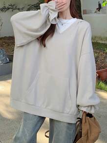 FRIFUL Women's Casual Solid Color Flared Sleeve Oversized Hoodie,Ruffle,Fall Clothes Sweatshirt - Grey - View 8