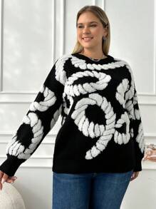 RueChic Frenchy Plus White Detailed Knit Sweater - Black and White - View 3