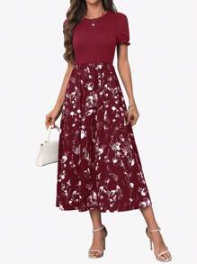 SHEIN Clasi 女式纯色拼布圆领短袖褶皱休闲连衣裙新年服装长款女装 - 紅色 - 查看 5