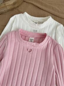 SHEIN LMoss Kids LMoss 2pcs/Set Newborn Baby Girls Cute Knitted Hollow Heart Pattern Long Sleeve Bodysuit Set For Autumn/Winter - Multicolor - View 4