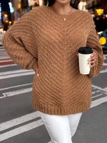 SHEIN LUNE Plus Size Round Neck Loose One-Piece Sleeve Pullover Sweaterbusiness Casual Woman,Holiday Outfits,Country Tops - Brown - View 4