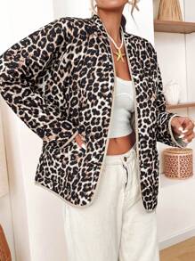 SHEIN VCAY Women's Leopard Print Pocket Long Sleeve Padded Coat, Winter,Halloween Costumes Adults,Thanksgiving Women Outfit,Fall Women Outfits,Long Sleeve,Leopard Jacket,Leopard Costume,Winter Women Coat,Winter Women Dress