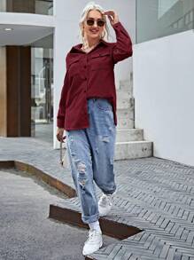 SHEIN LUNE 女式纯色长袖实用口袋休闲衬衫，春季/秋季 - 酒紅色 - 查看 4