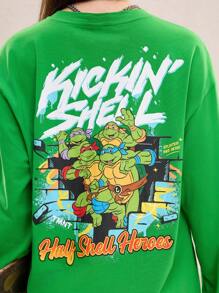 TEENAGE MUTANT NINJA TURTLES | SHEIN Women's Green Cool Casual Cartoon Turtle & Letter Print Loose Fit Drop Shoulder Long Sleeves T-Shirt Graphics Woman T Shirts Homecoming Fall Clothes