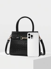 MOTF PREMIUM 女士黑色纯色纹理金属扣饰通勤手提包 - 黑色 - 查看 3