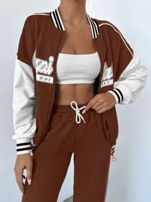 EURMUSE 2pcs Women Solid Color Patchwork Front Zipper Letter Print Long Sleeve Top And Pants Casual Suit - Chocolate Brown - View 4