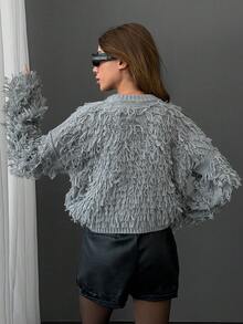 EURMUSE Jersey de cuello redondo con detalles de flecos para mujer - Gris - Ver 2