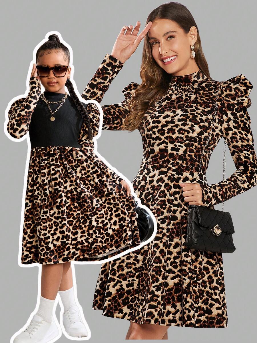 SHEIN 青少年女孩针织拼布豹纹羊腿袖修身优雅连衣裙，适合休闲穿着 - 黑色 - 查看 1