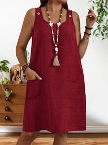 EMERY ROSE Đầm ngắn giản dị màu trơn dây đeo rộng cỡ lớn cho nữ mùa hè - Đỏ - Xem 1