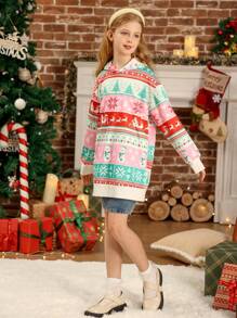Tween Girl Autumn Christmas Tree & Snowman Print Drop Shoulder Hoodie - Multicolor - View 3