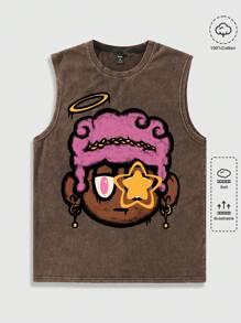 ROMWE MEN Street Life Men's Funny Graffiti Portrait Print Washed Floral Vintage Tank Top, Summer