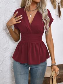 EMERY ROSE Women's Summer Solid V-Neck Batwing Short Sleeve Ruffle Hem Blouse Peplum Top - Burgundy - View 6