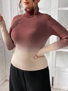 SHEIN Essnce Plus Size Women's Gradient Turtleneck Sweater Pullover Top,Burgundy,Smart Casual,Everyday Warm Inner Wear Fashionable Casual Costumes Fall/Winter - Multicolor - View 7