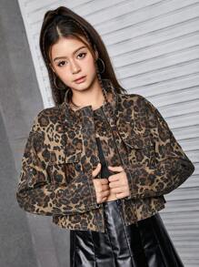 SHEIN Explorewe 少女时尚豹纹工装口袋长袖牛仔夹克 - 黑色 - 查看 5