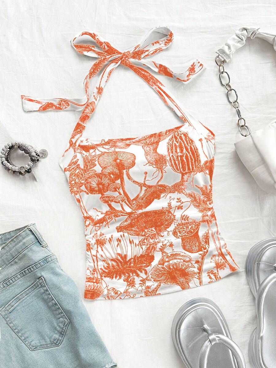 Soleia WYWH 度假女士挂脖编织白色复古印花褶皱露背吊带背心 - 橘色 - 查看 1