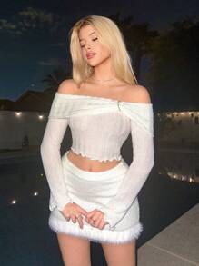Sweetina Foldover Off Shoulder Lettuce Trim Slim Fit Crop Sweater - White - View 1
