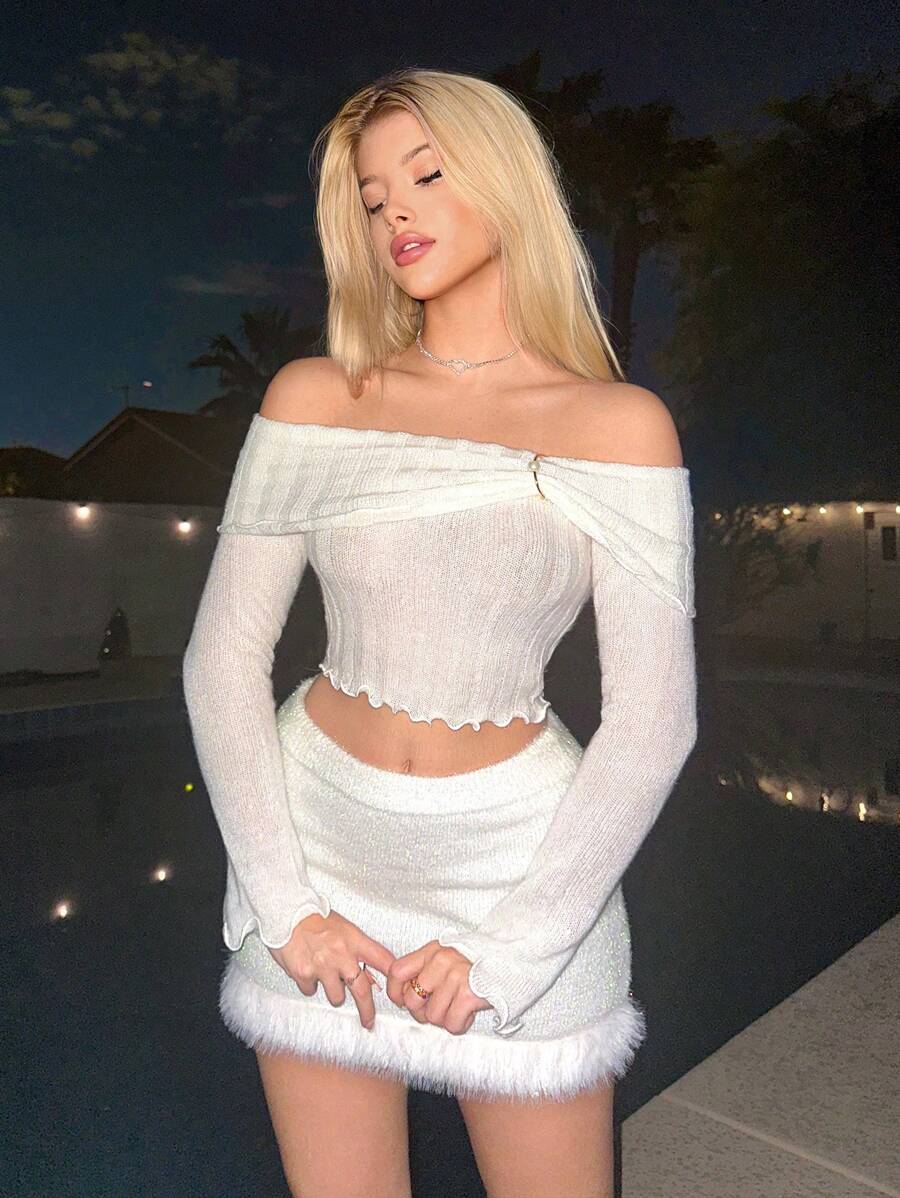 Sweetina Foldover Off Shoulder Lettuce Trim Slim Fit Crop Sweater - White - View 1