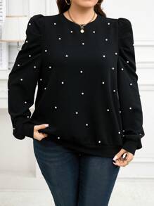 SHEIN Clasi 优雅珍珠缀饰长款羊腿袖圆领大码女式运动衫，秋冬款 - 黑色 - 查看 4