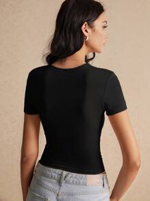 Poéselle Women Round Neck Short Sleeve Bow Embroidery Casual T-Shirt - Black - View 5