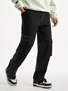 Manfinity VCAY Pantalones rectos holgados de carga de color negro para hombres - Negro - Ver 4