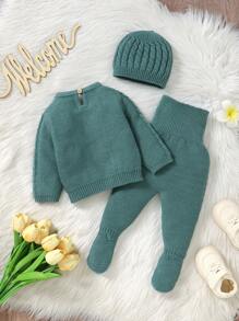 SHEIN 2pcs/Set Unisex Newborn Infants Solid Blue Casual Fashion Cute Soft Korean Style Long Sleeve Sweater And Pants Outfit For Everyday Wear, Suitable For Autumn/Winter - Green - View 2