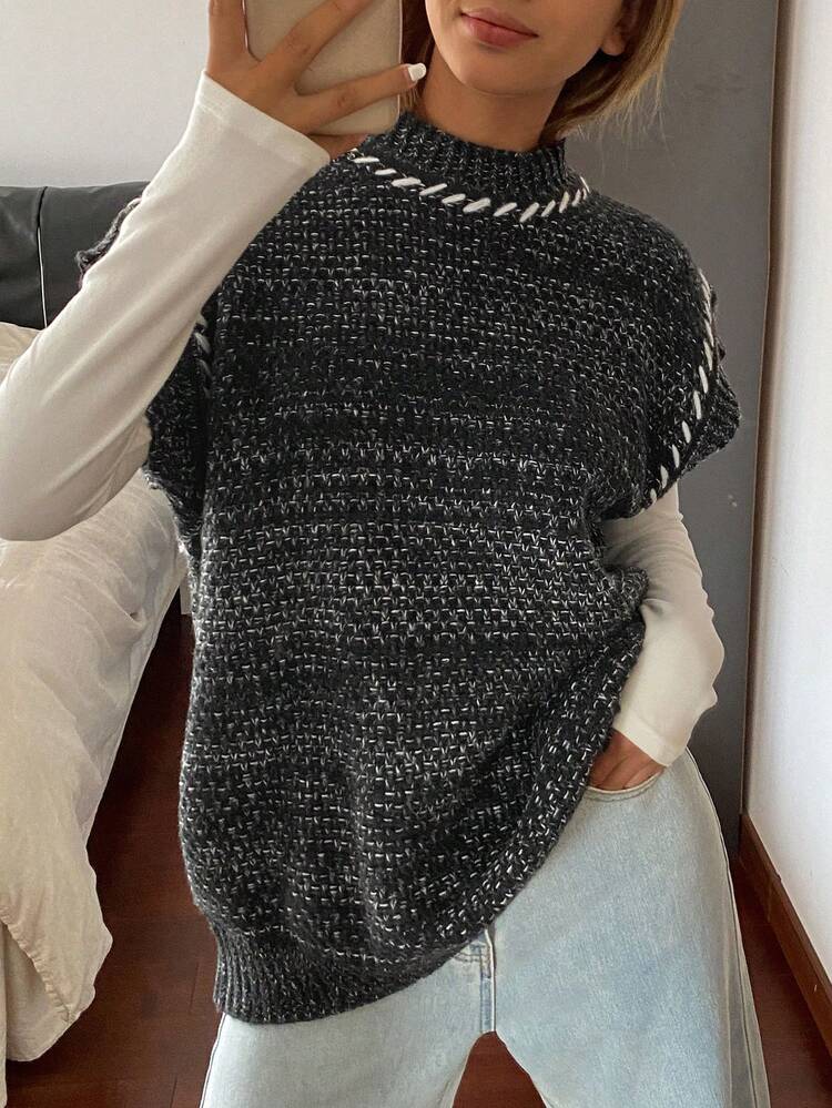 DAZY Chaleco de punto holgado de cuello redondo sin mangas con rayas de colores contrastantes para mujer, otoño e invierno - Gris - Añade 6