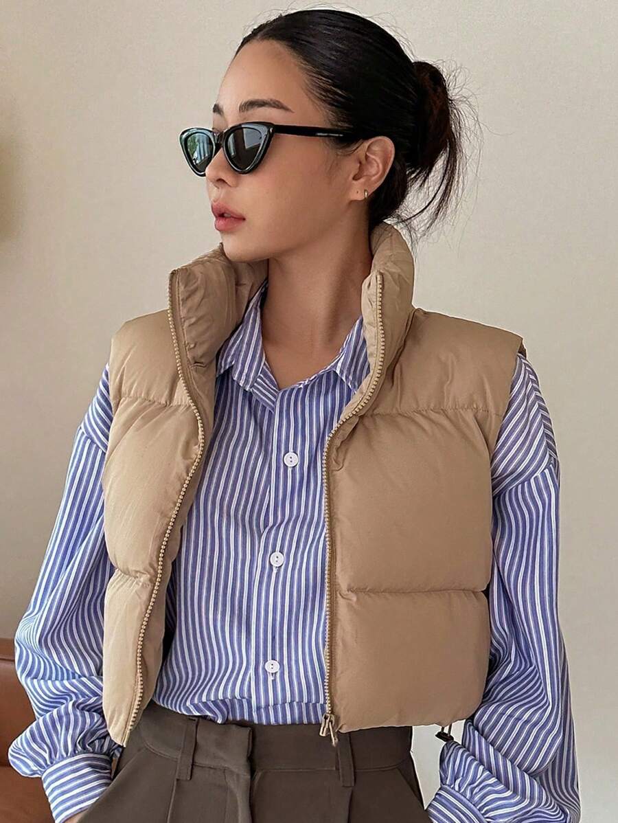 DAZY Áo khoác vest dày có khóa kéo, viền rút, đệm, áo khoác mùa đông cho nữ - Màu Khaki - Xem 1