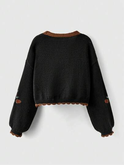Fairycore Women's Dropped Shoulder Floral & Fox Embroidered Loose Cardigan, Autumn/Winter