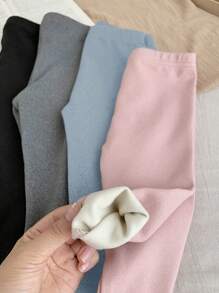 SHEIN LMoss Kids LMoss 4 双女婴弹力腰纯色针织打底裤套装，适合秋冬季 - 彩色 - 查看 5