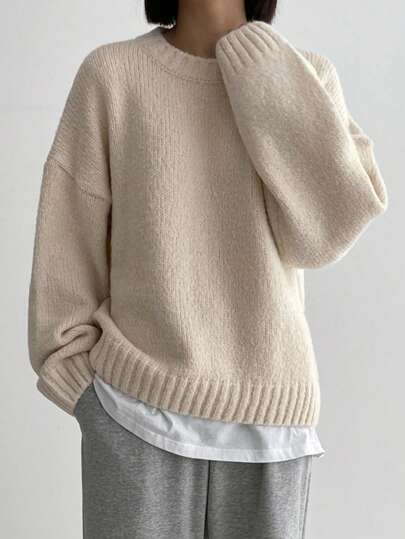 DAZY 1pc Solid Drop Shoulder Sweater,Long Sleeve Tops,Fall Women Clothes